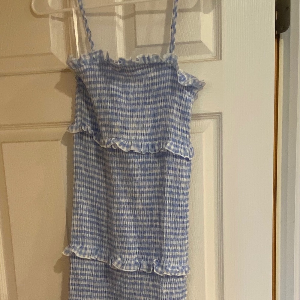 Blue Gingham Print Smocked Maxi Dress
